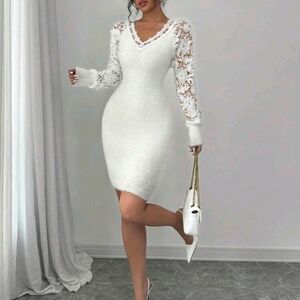 Women Lace Patchwork V-Neck Elegant Long Sleeve Sweater Dress